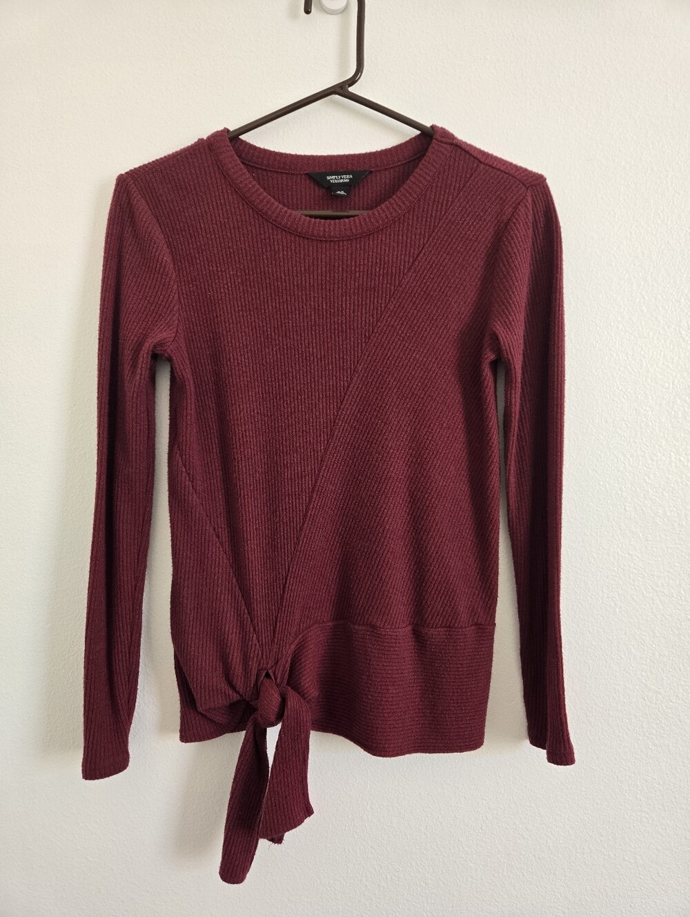 Simply Vera Vera Wang Rib-Knit Tie-Hem Long Sleeve Top in Berry Sz XS